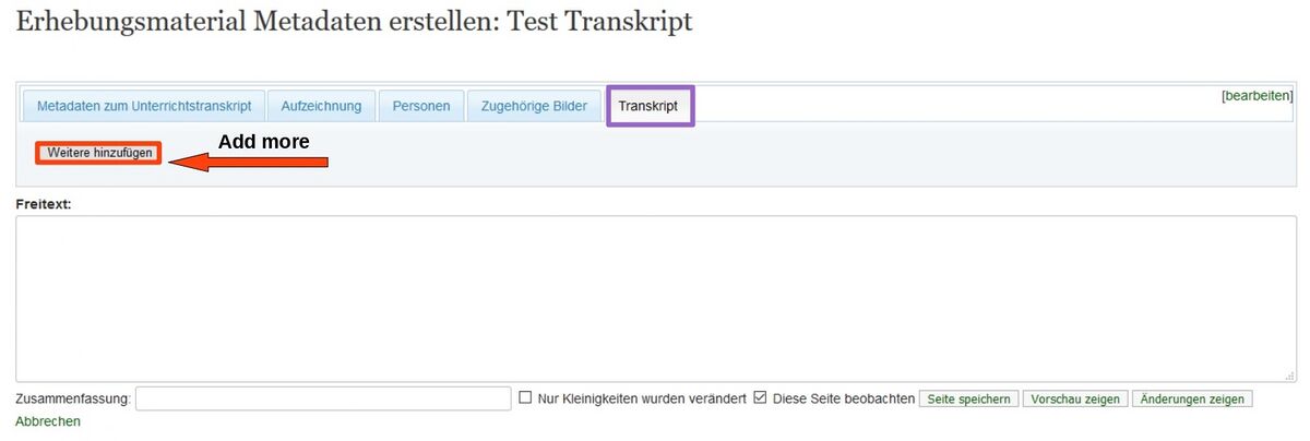 Inserting a transcript section